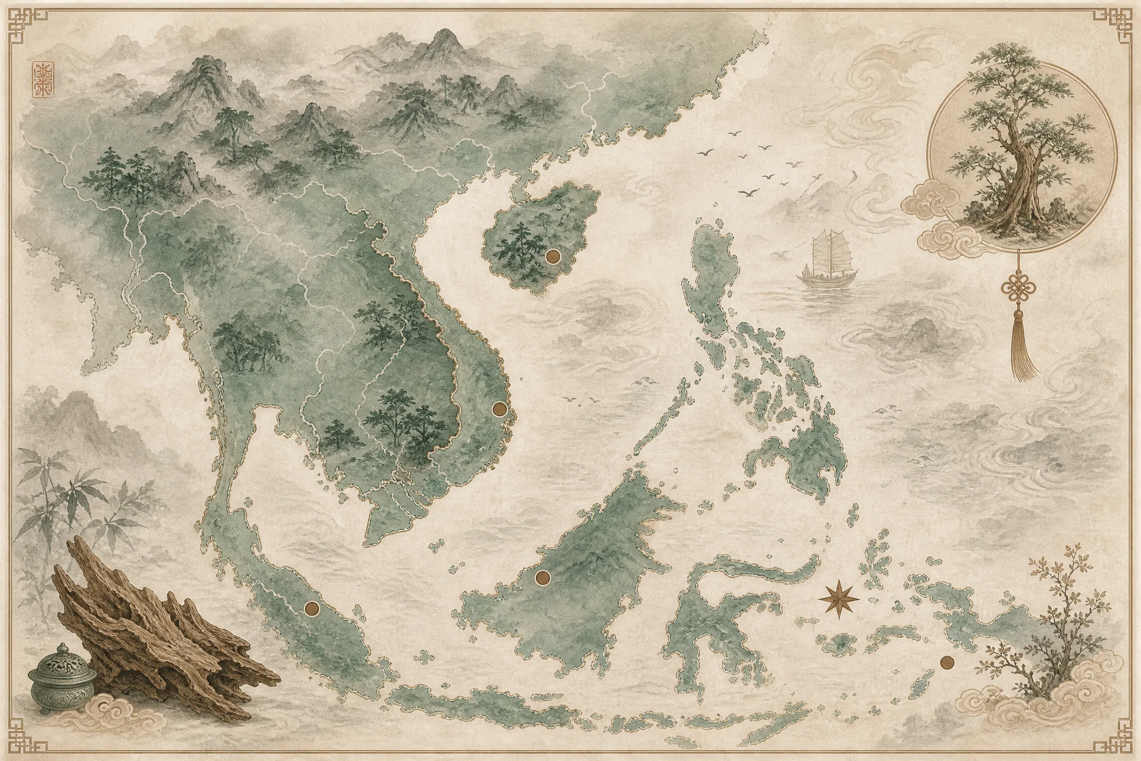 水墨风格的亚洲沉香产区地图，标注海南、芽庄、惠安、星洲等结香产地